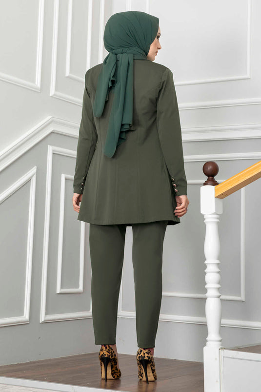Khaki Hijab Suit with Handkerchief Collar Detail