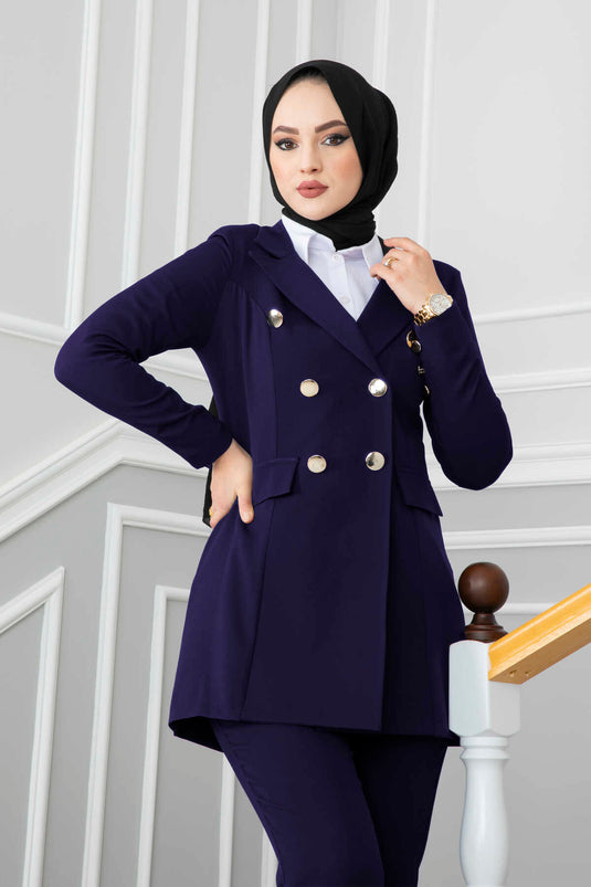 Costume Hijab Détaillé Avec Col Mouchoir Bleu Marine