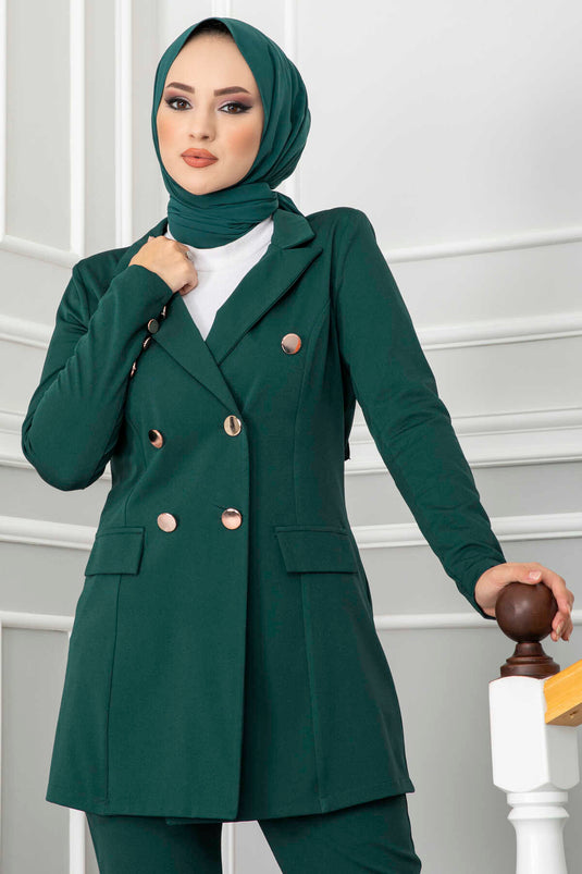 طقم تسيتر بتفاصيل ياقة منديل باللون البترولي