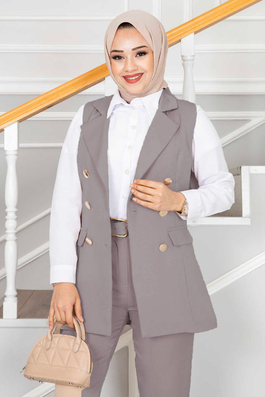 Ensemble gilet hijab détaillé à col mouchoir gris clair