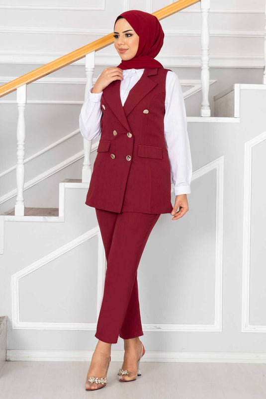 Handkerchief Collar Detailed Hijab Vest Set Claret Red