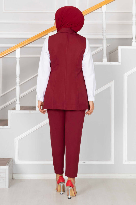 Handkerchief Collar Detailed Hijab Vest Set Claret Red