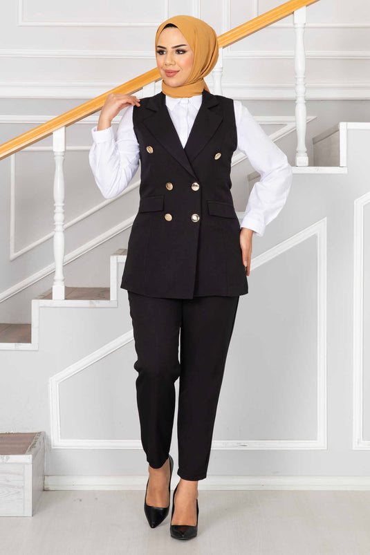 Handkerchief Collar Detailed Modest Vest Set Black