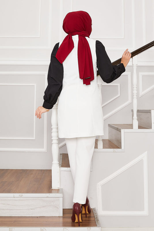Handkerchief Collar Long Vest Set Ecru