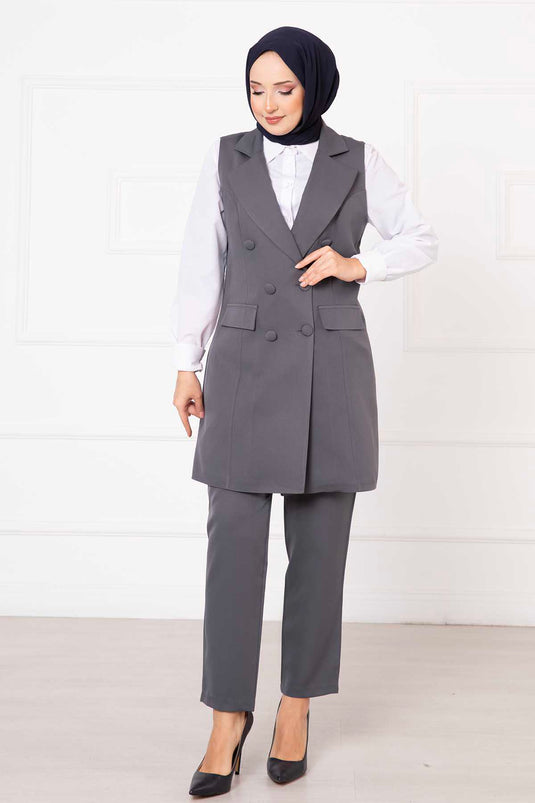 Handkerchief Collar Long Vest Set Gray