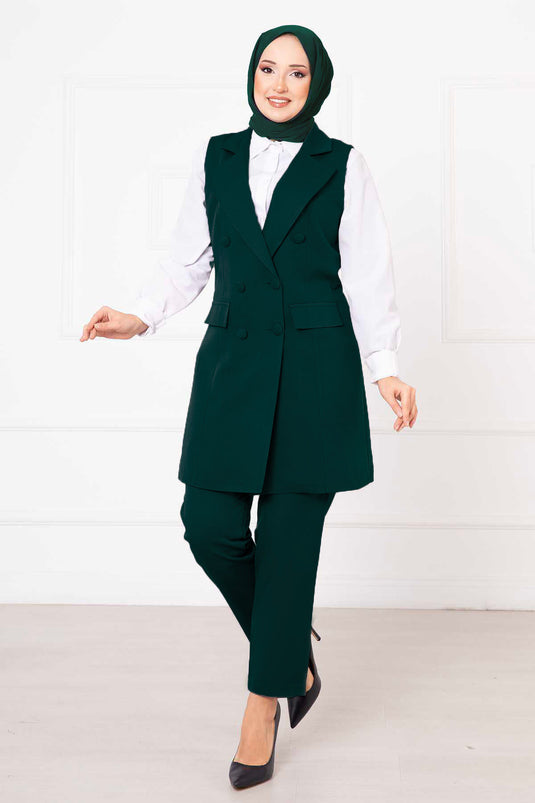 Handkerchief Collar Long Vest Set Emerald