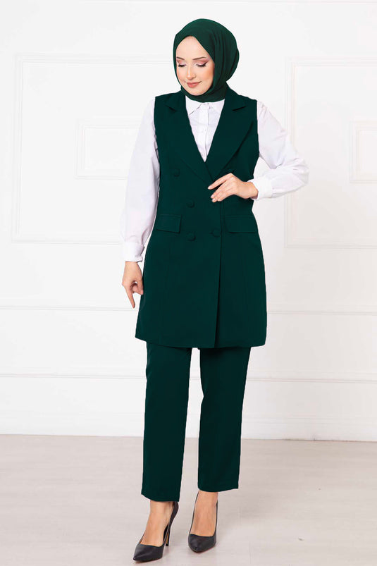 Handkerchief Collar Long Vest Set Emerald