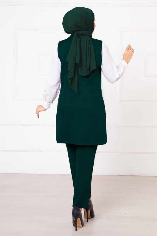 Handkerchief Collar Long Vest Set Emerald