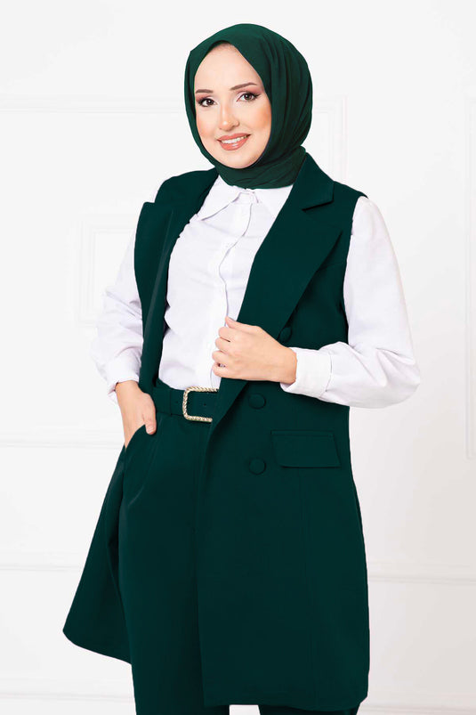 Handkerchief Collar Long Vest Set Emerald