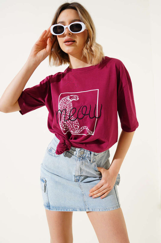 Maglietta stampata Meow Prugna