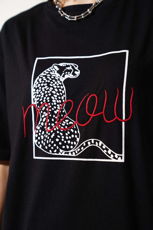 Maglietta stampata Meow nera