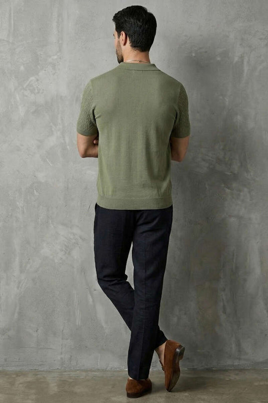T-shirt homme kaki à col polo ouvert mercerisé