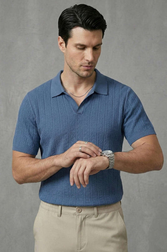 Merserize Açık Polo Yaka Erkek T-shirt İndigo