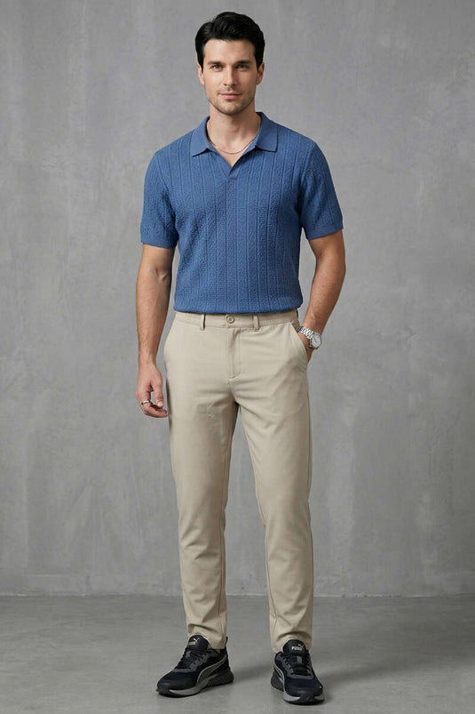 Merserize Açık Polo Yaka Erkek T-shirt İndigo