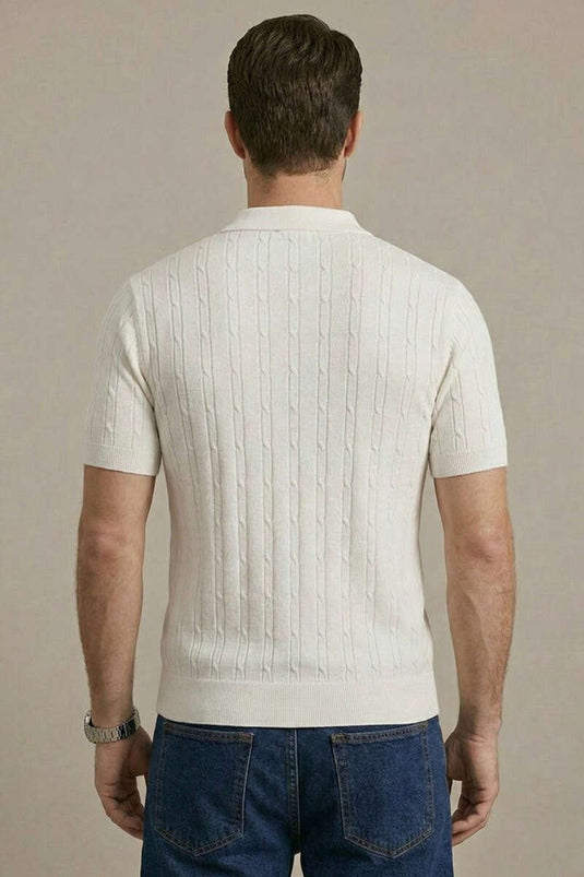 Merserize Fermuarlı Erkek T-shirt Beyaz