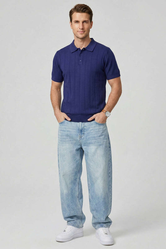 Mercerized Front-Button Men's T-shirt Navy Blue