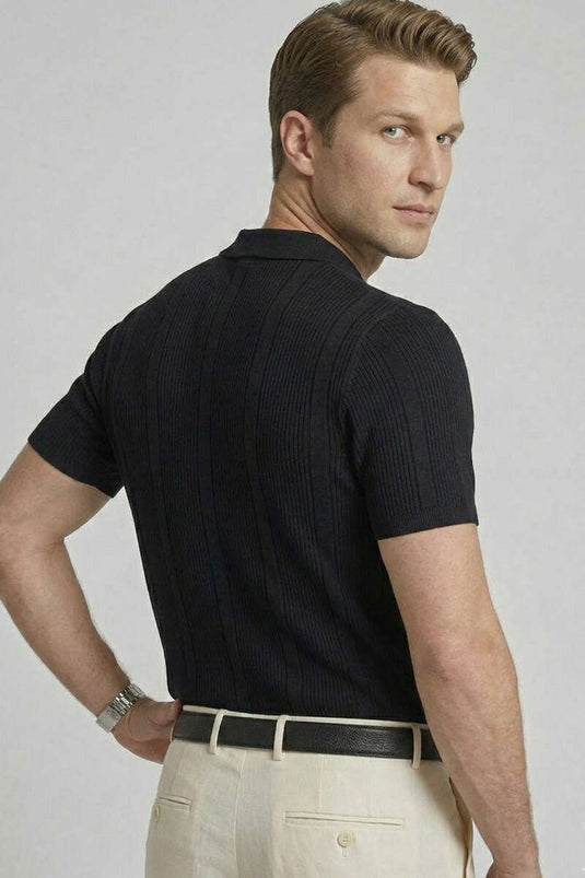 Mercerized Polo Collar Men's T-shirt Black