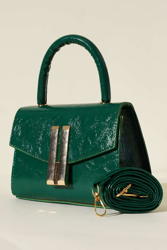 Square Bag with Metal Emblem Detail, Emerald