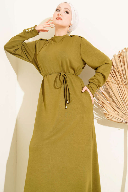 فستان برباط أمامي مزين بأزرار معدنية، لون أخضر زيتوني