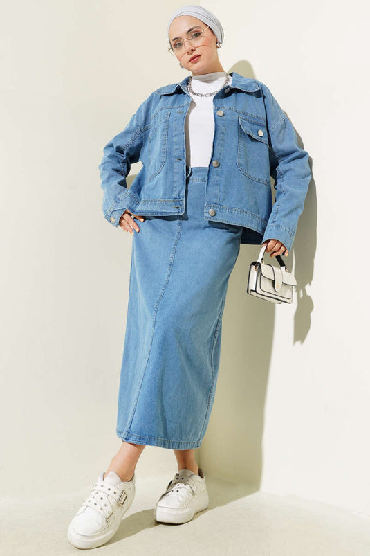 Denim Set with Skirt and Metal Buttoned Jacket Blue