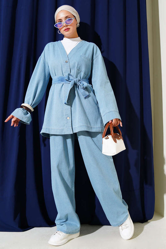 Metal Buttoned Pocket Denim Two Piece Set Light Blue