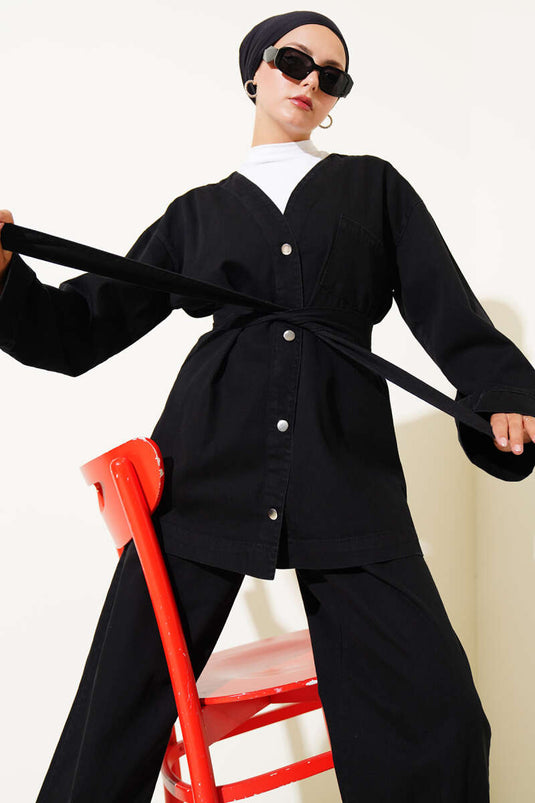 Metal Buttoned Pocket Denim Two Piece Set Black