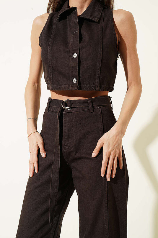 Brown Denim Two-Piece Set with Metal Buttoned Crop Vest