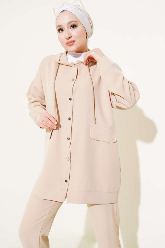 Metal Buttoned Double Breasted Two Piece Set Beige