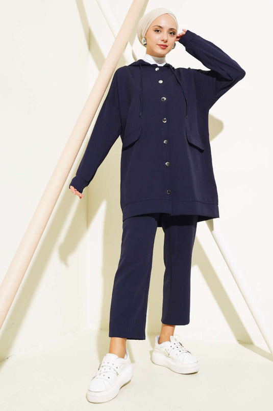 Metal Buttoned Double Breasted Suit Navy Blue