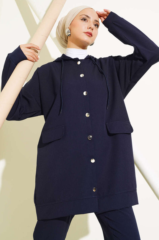 Metal Buttoned Double Breasted Suit Navy Blue