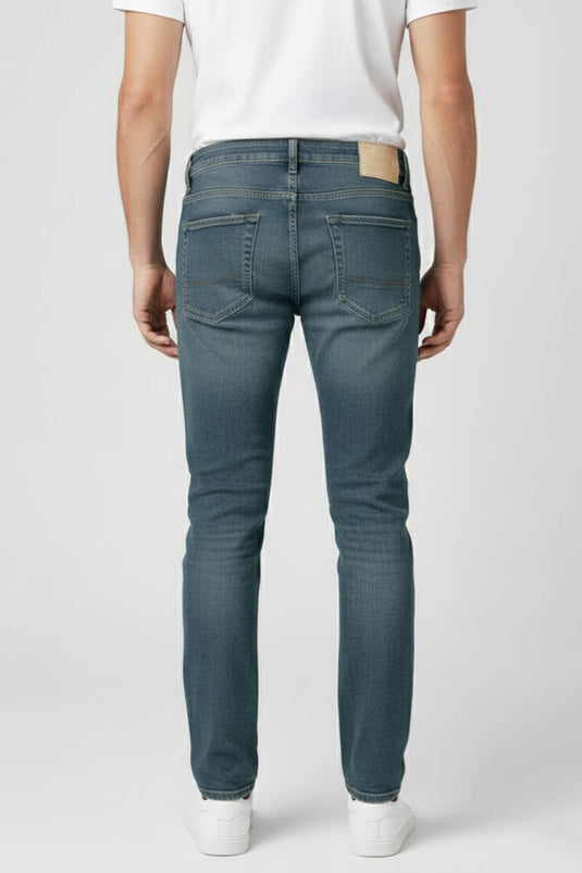 بنطال جينز رجالي ضيق الساق بأزرار معدنية أزرق متوسط