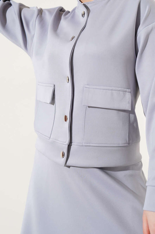 Metal Buttoned Skirted Scuba Two Piece Suit Gray