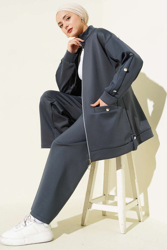 Ensemble deux pièces de plongée avec fermeture éclair et boutons métalliques, gris fumé