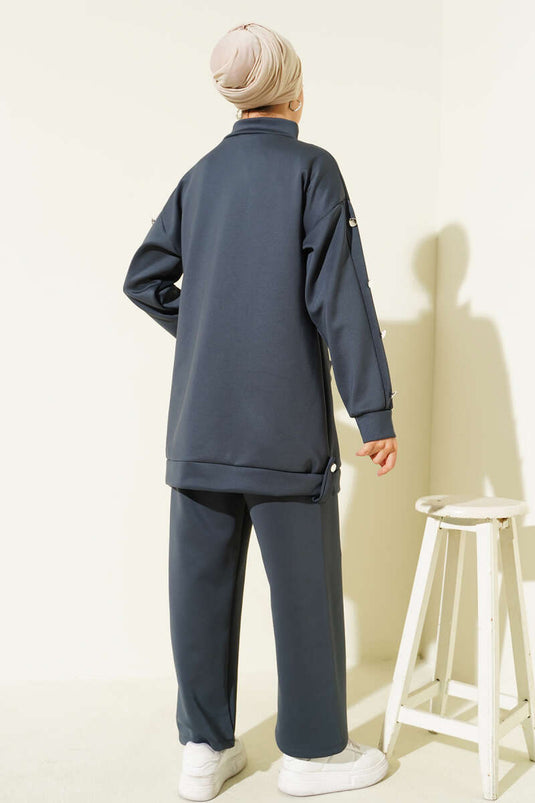 طقم غوص من قطعتين بسحاب وأزرار معدنية، لون رمادي دخاني