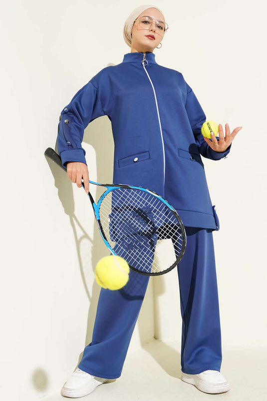 Metal Düğmeli Fermuarlı Scuba İkili Takım Lacivert