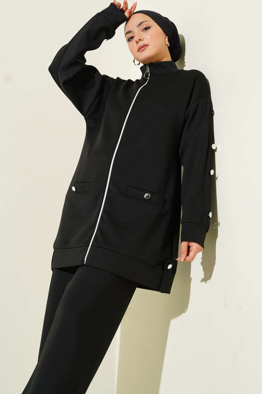 طقم غوص من قطعتين، مزود بأزرار معدنية وسحاب، أسود