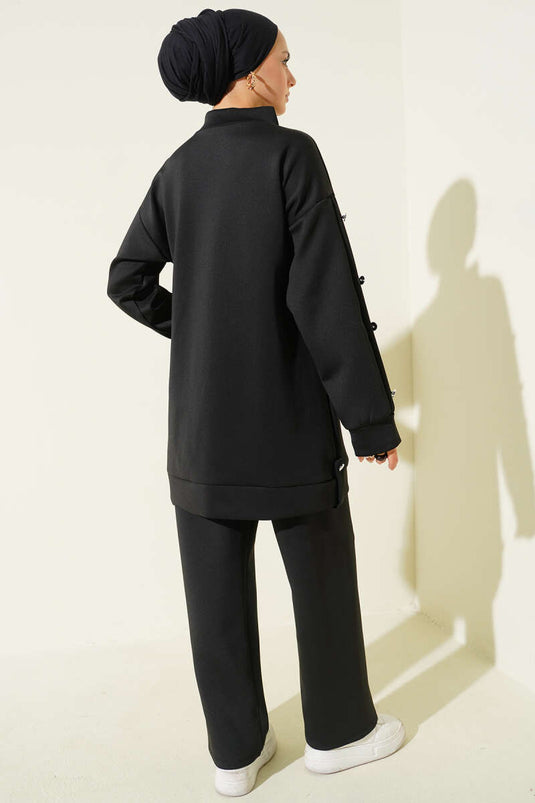 طقم غوص من قطعتين، مزود بأزرار معدنية وسحاب، أسود