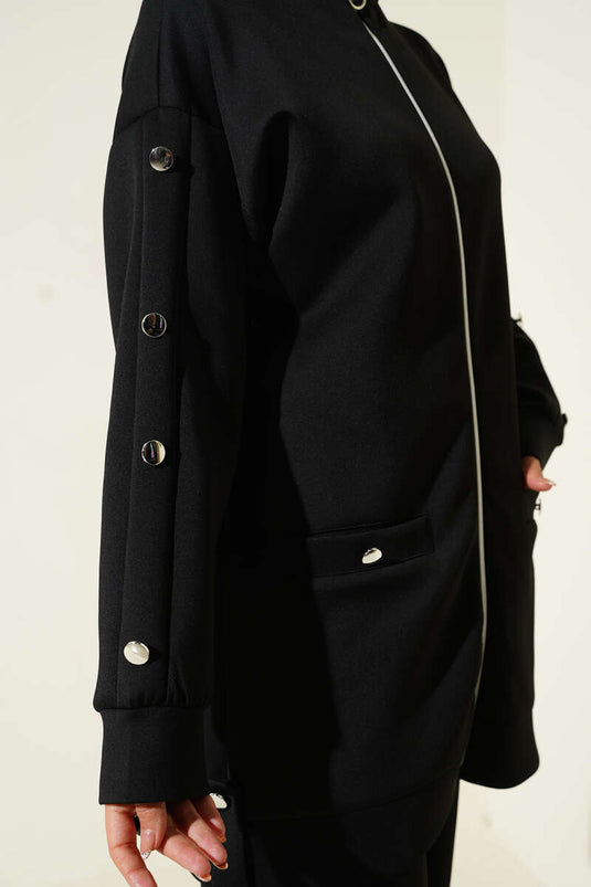 Metal Düğmeli Fermuarlı Scuba İkili Takım Siyah