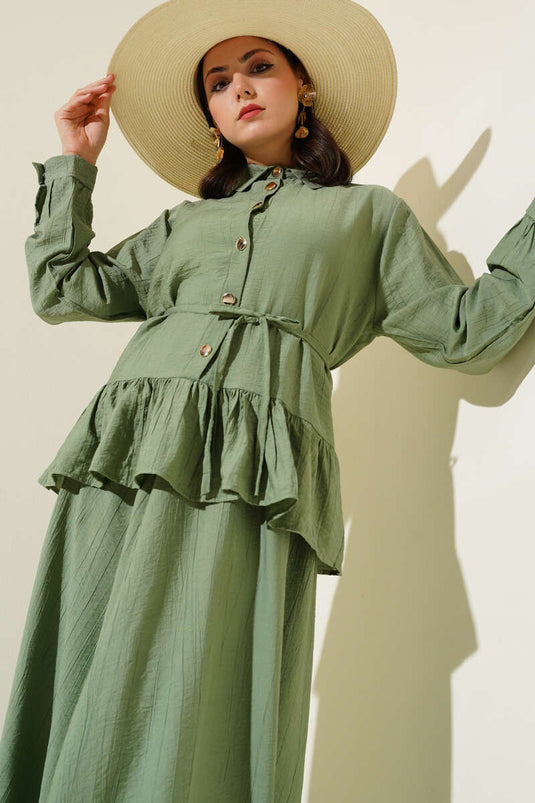 Metalen geknoopt ruche rok tweedelig pak amandelgroen