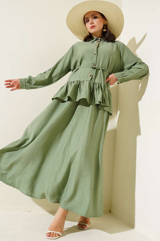 Metalen geknoopt ruche rok tweedelig pak amandelgroen