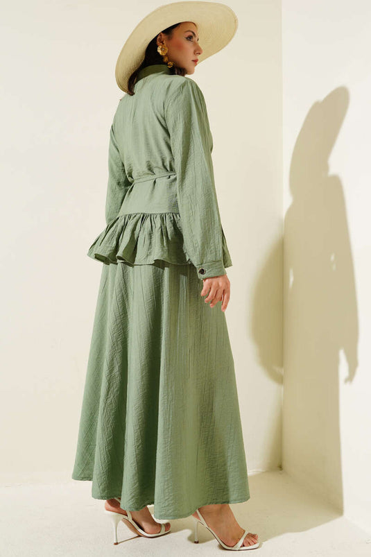 Metalen geknoopt ruche rok tweedelig pak amandelgroen