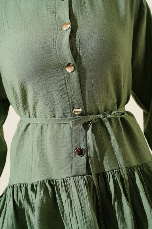 Metalen geknoopt ruche rok tweedelig pak amandelgroen
