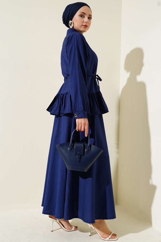 Metalen geknoopt ruche rok tweedelig pak marineblauw