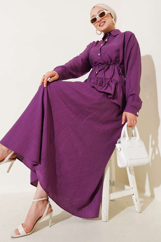 Metal Buttoned Ruffle Skirted Two Piece Suit Magenta