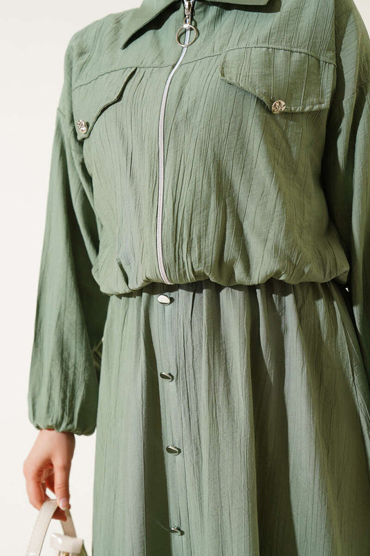 Metal Buttoned Vest Set in Almond Green