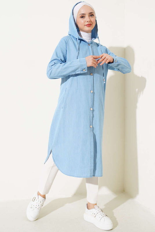 Metal Buttoned Hooded Denim Coat Ice Blue