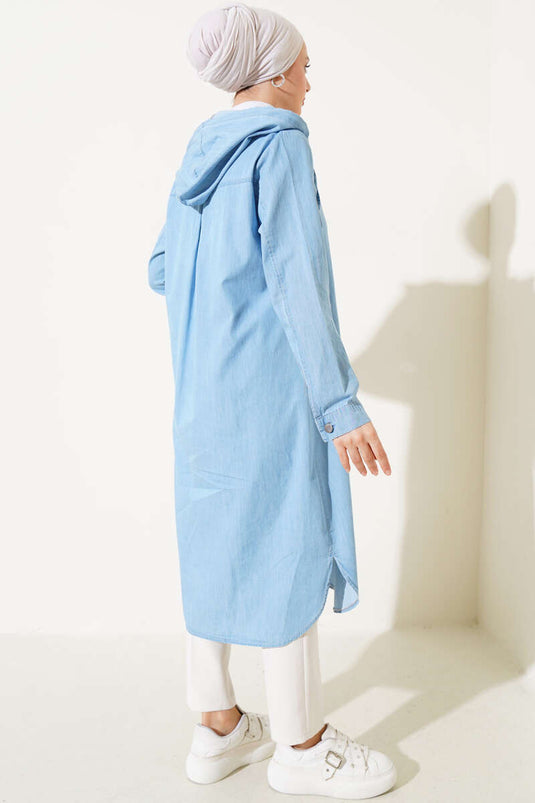 Metal Buttoned Hooded Denim Coat Ice Blue