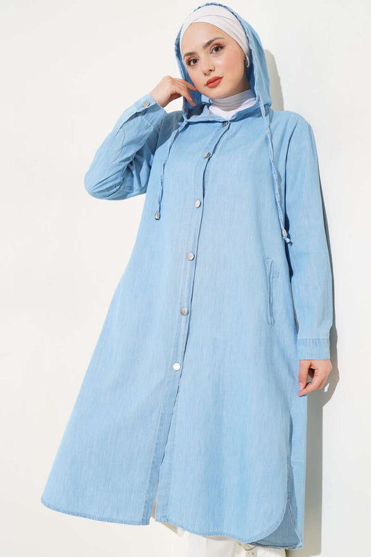 Metal Buttoned Hooded Denim Coat Ice Blue