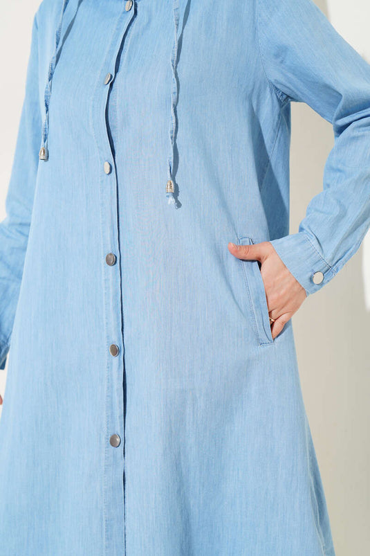 Metal Buttoned Hooded Denim Coat Ice Blue