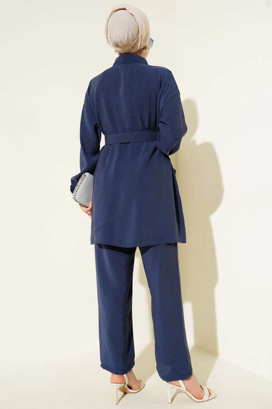 Metal Düğmeli Kemerli İkili Takım Lacivert